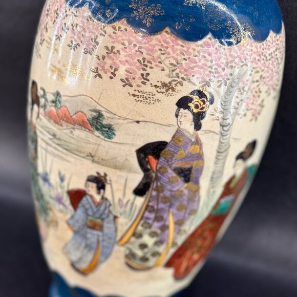 Satsuma Style Asian Vase Geisha Girls Hand Painted Teal & Gold 9” - Picture 2 of 9